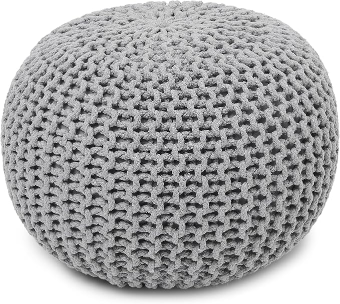 REDEARTH · Round Boho Pouf Ottoman - Cable Knitted Cord Boho Pouffe - Stuffed Poof Accent Beanbag Footrest for Living Room - Nursery - Bedroom - Covered Patio - Study Nook (19.5"x19.5"x14") - Gray