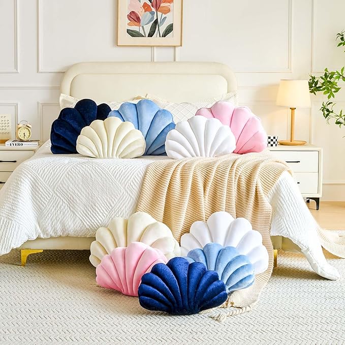 Pink Seashell Throw Pillows, Shell Shaped Throw Pillows, 18 Inch Soft Velvet Home Decorative Pillow Plush Cushion for Bed Couch Living Sofa Room Decor Accent Throw Pillow