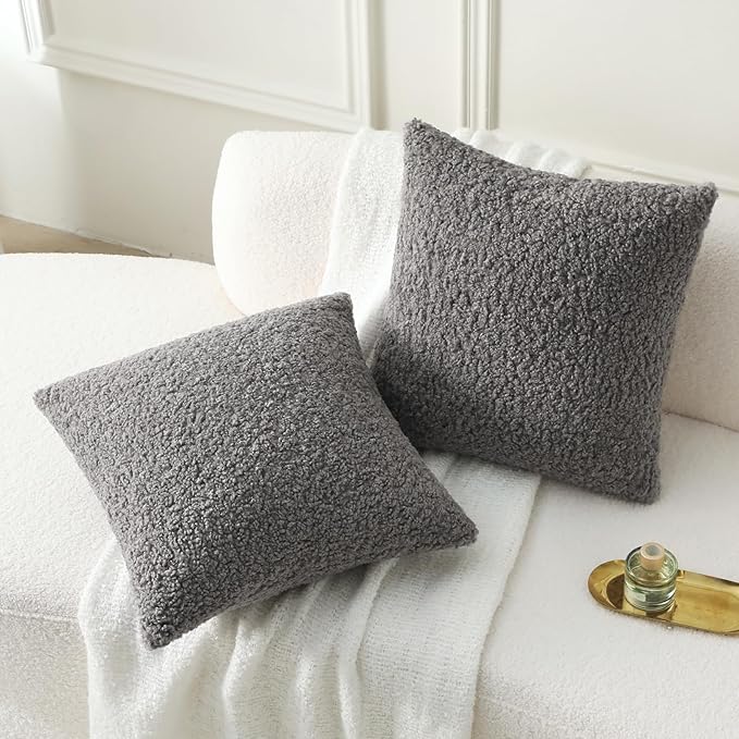 FUTEI Dark Grey Throw Pillow Covers 24x24 Inch Set of 2,Furry Faux Fur Teddy Boucle Textured Cushion Covers,Soft Fluffy European Pillow Shams,Home Decor for Couch Bed Living Room Office Car
