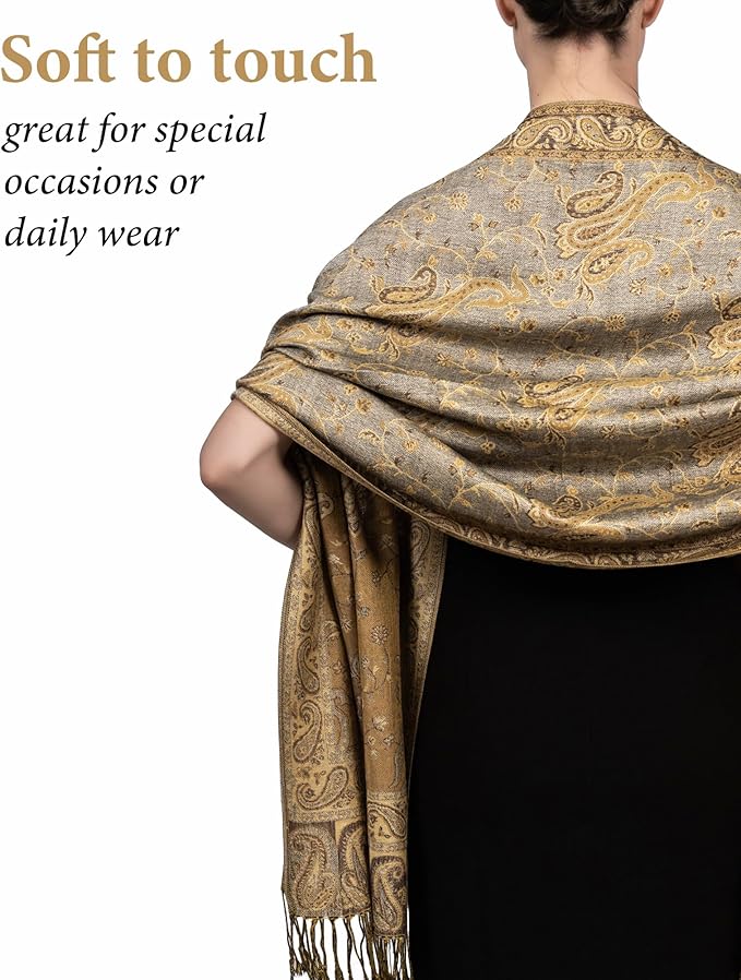 Achillea Reversible Paisley Pashmina Rave Scarf – Exotic Indian Shawls and Wraps for Evening Dresses, Festivals, All Seasons