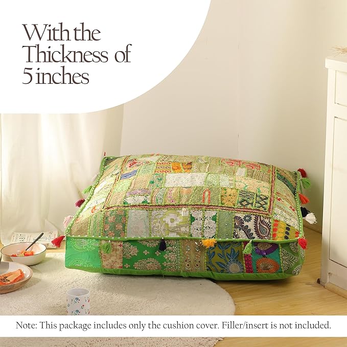 THE ART BOX Cotton Patchwork Vintage Boho Embroidered Floor Pillows & Cushion Cover Green Pouf Seating Pouf Meditation Pillow Pet Bedding Bed Boho Home Décor (35x35 Inches, Cover Only)