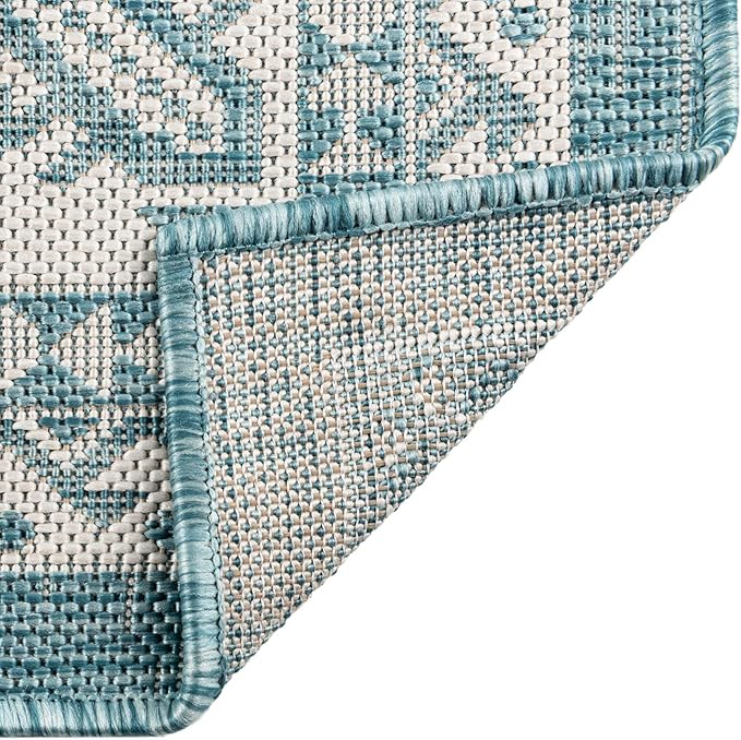 Rugs.com Outdoor Aztec Collection Rug – 6' x 9' Aqua Flatweave Rug Perfect for Living Rooms, Large Dining Rooms, Open Floorplans