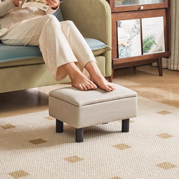 IBUYKE Storage Ottoman Footrest Stool with Linen Fabric, Rectangular, Flip Top Lid, Non-Slip Feet, Compact Design, Stylish and Functional, Linen RF-BD223