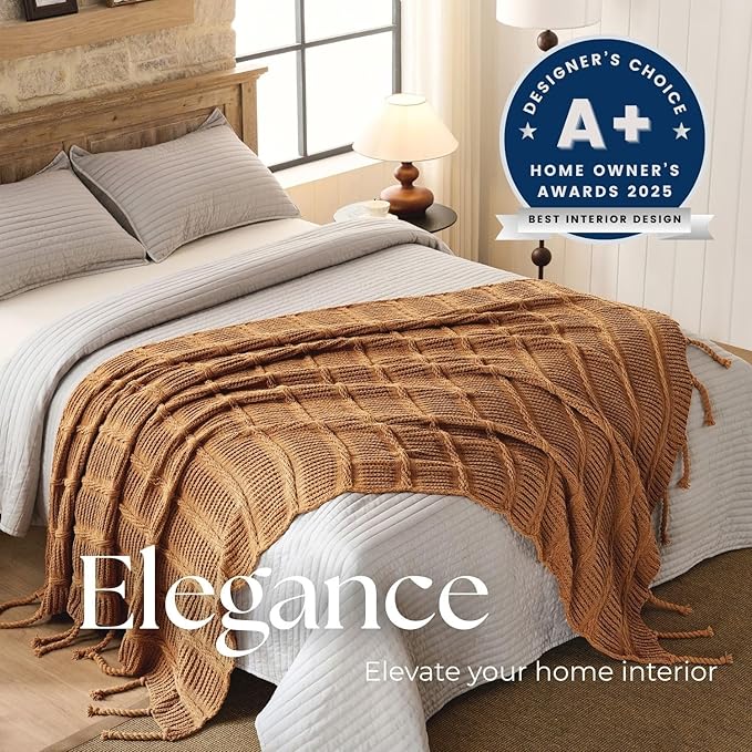 Boho Knitted Chenille Blanket with Tassels - Lightweight & Soft All-Season Throw - 3D Classic Pattern for Living Room Bedroom Couch, Amber Brown, Twin 60"x80"