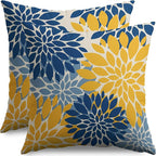 Blue Yellow Pillow Covers 20X20 Inch Set of 2, Dahlia Flower Spring Summer Floral Cream Decorative Throw Pillow Covers Outdoor Modern Farmhouse Cushion Case for Home Couch Sofa Bed Decor