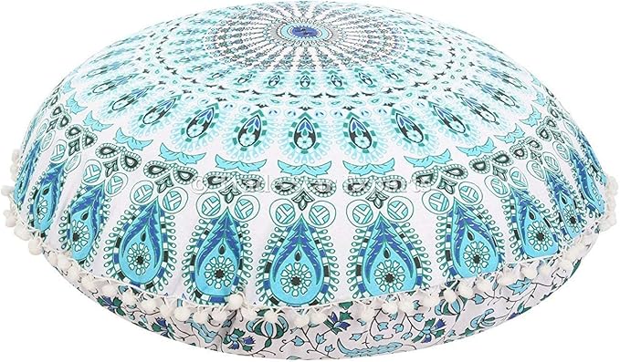 32 Inches Round Mandala Floor Pillow Throw Living Room Decor Round Seating Pouf Cover Mandala Floor Pillows Cushion (Blue White)