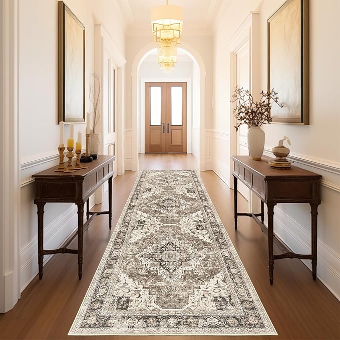 Washable Runner Rug 2.6x8 Runners for Hallways, Ultra-Thin Carpet Runners for Entryway Anti Slip Backing Runner Rugs for Kitchen Laundry Room Indoor Hallway (Brown/Beige)