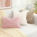 decorUhome Summer Cozy Faux Fur Throw Pillow Covers 12x20 Set of 2 Decorative Soft Plush Striped Lumbar Modern Farmhouse Boho Couch Pillow Cases with Velvet Back for Sofa Bed Living Room, Pink