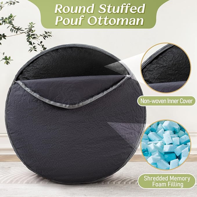 Round Corduroy Ottoman Foot Rest Pouf for Living Room Couch - Soft Plush Shredded Foam Filled Hassock Stool, Comfy Footstool