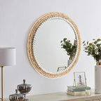 18 Inch Boho Wall Mounted Mirror,Decorative Round Rattan Hanging Wall Mirror，Suitable for Farmhouse, Living Room, Bedroom and Bathroom