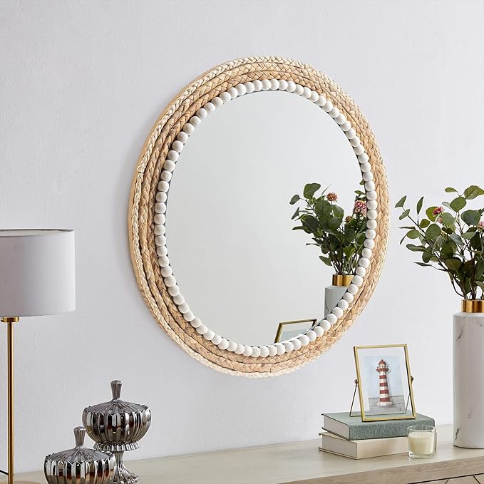 18 Inch Boho Wall Mounted Mirror,Decorative Round Rattan Hanging Wall Mirror，Suitable for Farmhouse, Living Room, Bedroom and Bathroom