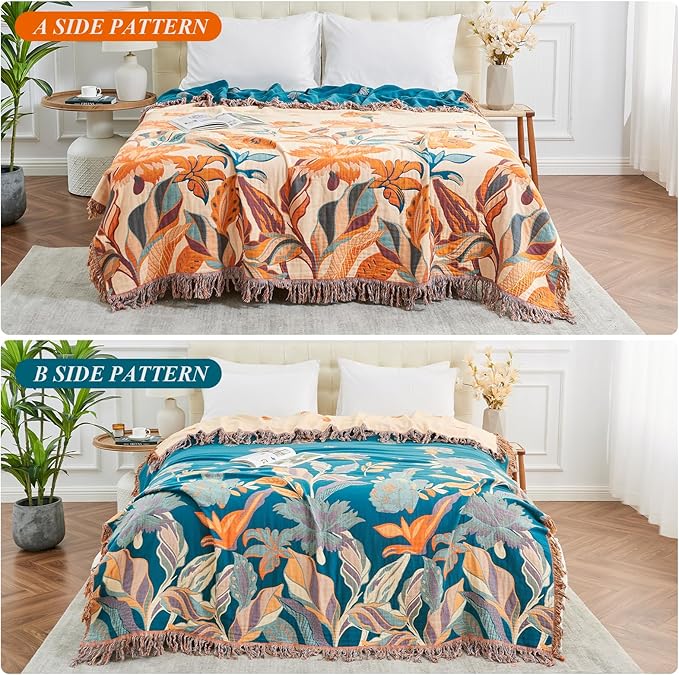 Boho Throw Blanket for Bed-100% Cotton Soft Breathable Farmhouse Decor Boho Quilt for Sofa (Flowers Tulips, 90"x98")