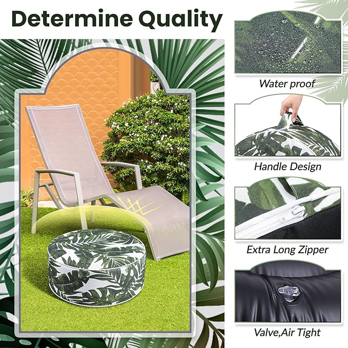 Outdoor Inflatable Ottoman Waterproof Pouf Ottoman with Handle D21 x H9, Water Repellent Portable Footstool for Patio Garden Camping or Home(Leaf)