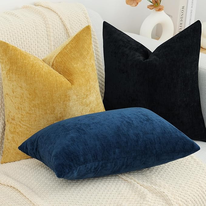 decorUhome Chenille Black Spring Throw Pillow Covers 20x20 Inch Set of 2, Decorative Soft Couch Pillow Covers Solid Dyed Accent Farmhouse Neutral Square Pillow Cases for Sofa
