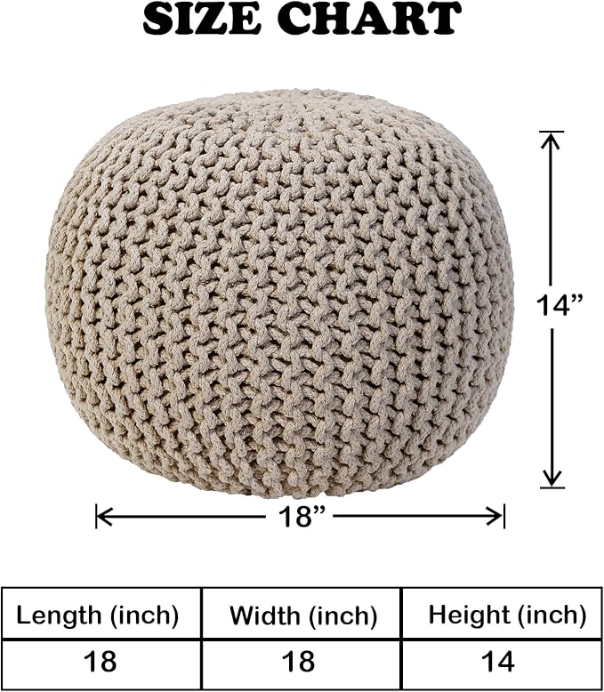 COZY TRENDS Hand Knitted Upholstered Pouf Cotton Braid Cord Cable Ottoman - Foot Stool - Accent Seat Furniture Bean Bag 18x18x14 Inches (Beige)