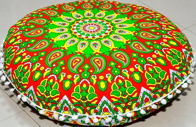 CRAFT KALA 22" Round Mandala Comfort Meditation Floor Pillow Cover, Large Pillows Seating Cover for Adults, Cushions Cover for Outdoor Yoga Fireplace Living Room Ottoman Cover Green Red Flower