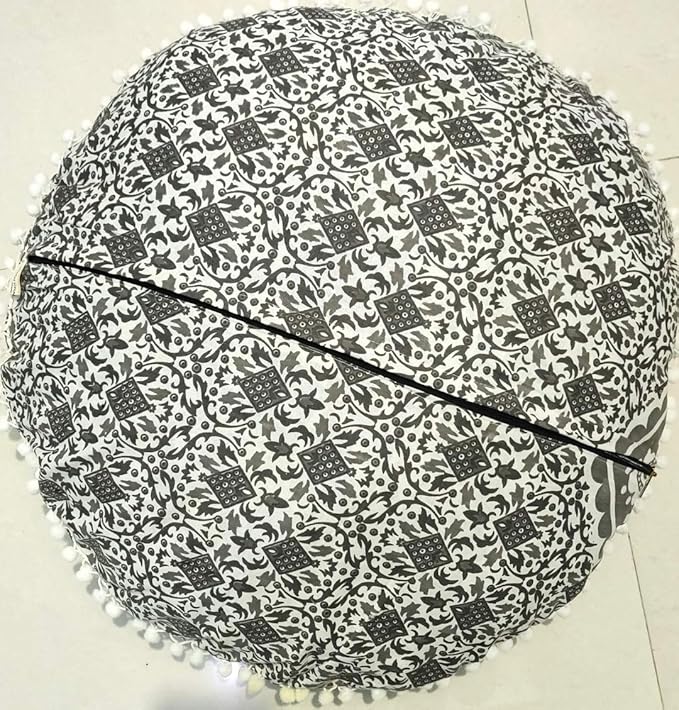 CRAFT KALA Mandala Floor Pillow Cushion Cover Seating Throw Cover Hippie Decorative Bohemian Ottoman Poufs Pom Pom Pillow Cases Boho Indian Cotton Living Room Home Décor 24" Round Set Of 2, Grey Ombre