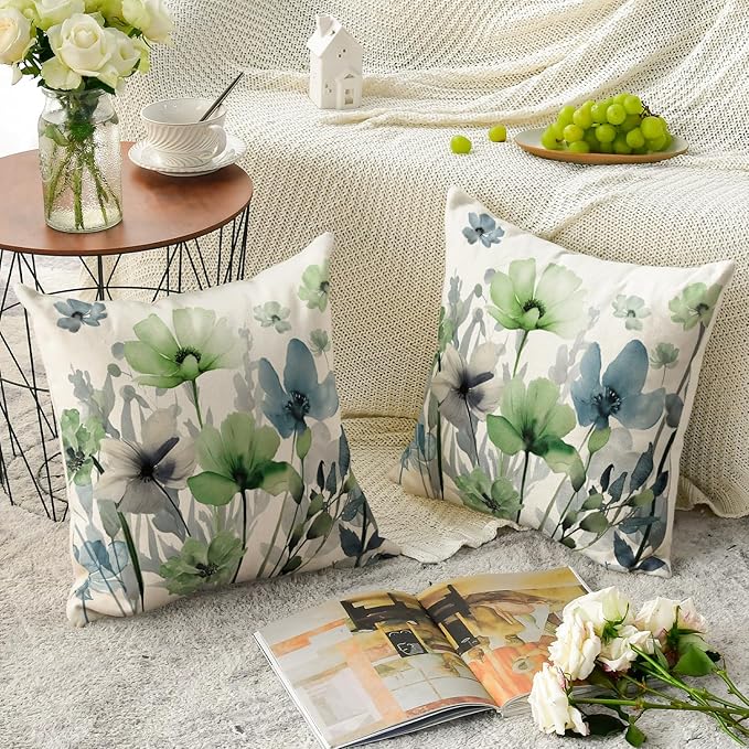 AVOIN colorlife Poppy Flowers Chinoiserie Throw Pillow Covers, 18 x 18 Inch Blue Sage Green Seasonal Leaves Cushion Case Decoration for Sofa Couch Set of 2
