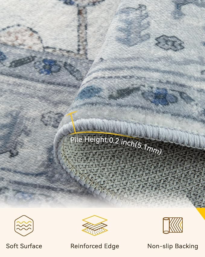 Area Rugs 5ft Washable Non-Slip, Floral Vintage Distress Print Pattern Medallion Carpet for Living Room Bedroom Dining Room, Light Blue Navy Beige Gray White