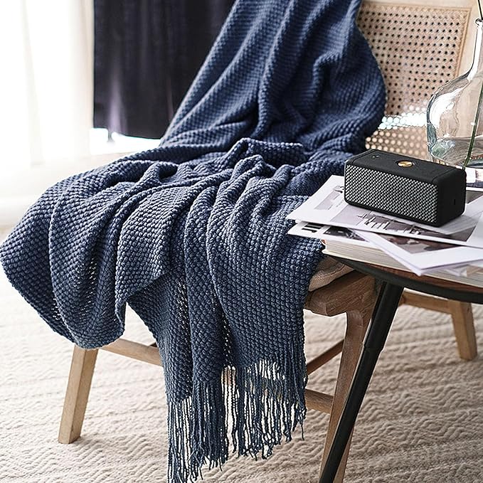 LOMAO Knitted Throw Blanket with Tassels Bubble Textured Lightweight Soft Throws for Couch Cover Home Decor (Navy, 60x90)
