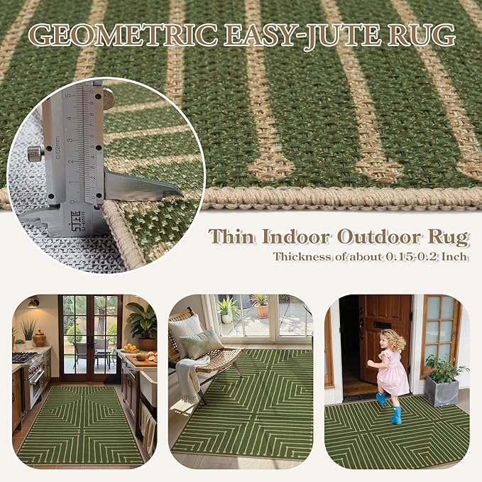 Lahome Neutral Geometric Green Easy Jute Rug, 3x5 Washable Entryway Front Porch Rug, Farmhouse Rhombus Non Slip Non Shedding Indoor Outdoor Carpet for Kitchen Balcony Laundry
