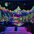 Zussun Blacklight Mountain Forest Tapestry for Bedroom Aesthetic Hippie Pine Tree River Lake Tapestries Wall Hanging Glow in The Dark Moon and Stars Wall Tapestry for Living Room Dorm 80 × 60 Inch