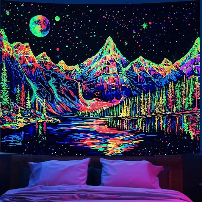 Zussun Blacklight Mountain Forest Tapestry for Bedroom Aesthetic Hippie Pine Tree River Lake Tapestries Wall Hanging Glow in The Dark Moon and Stars Wall Tapestry for Living Room Dorm 60 × 44 Inch