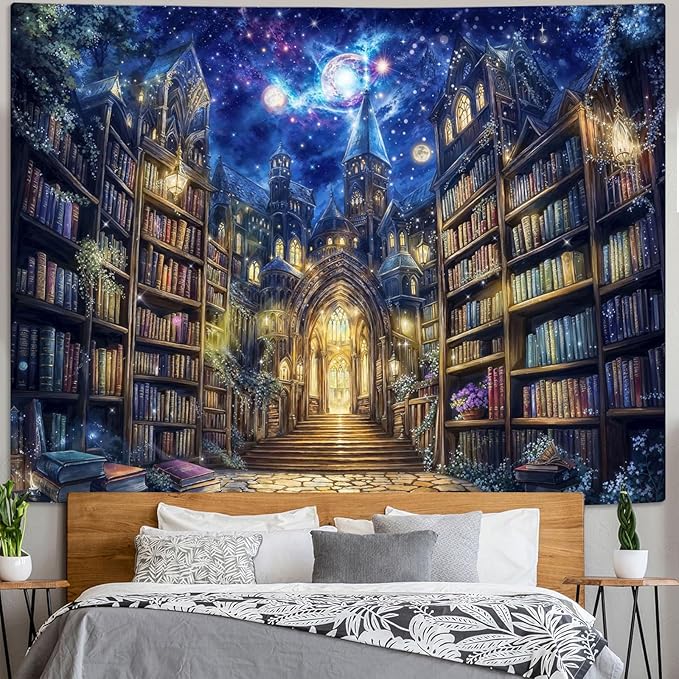 Accnicc Fantasy Bookshelf Tapestry Space Library Tapestries Wall Hanging Gothic Galaxy Castle Magic Book Extra Large Tapestry for Bedroom Living Room Dorm Classroom 90 x 68 inch