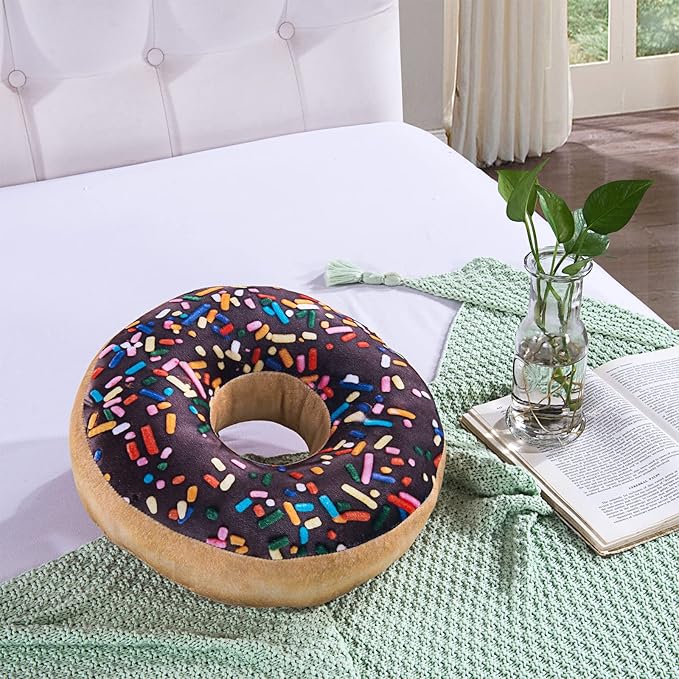 HYSEAS Round Throw Pillow 14 Inch Chocolate Donut, 3D Digital Print Decorative Comfortable Soft Plush Funny Food Shaped Pillow Light Weight Seat Pad Cushion for Couch, Chair, Floor, Sofa