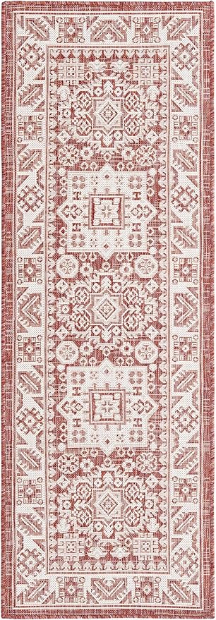 Rugs.com Outdoor Aztec Collection Rug – 6 Ft Runner Rust Red Flatweave Rug Perfect for Hallways, Entryways