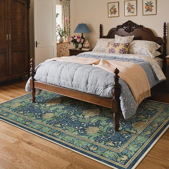 Bavni 6x9 Area Rugs, Floral Machine Washable Rugs for Living Room, Dinning Room, Bedroom, Non Slip Aesthetic Vintage Low Pile Durable Lightweight Farmhouse Rug, Tea Green/Blue