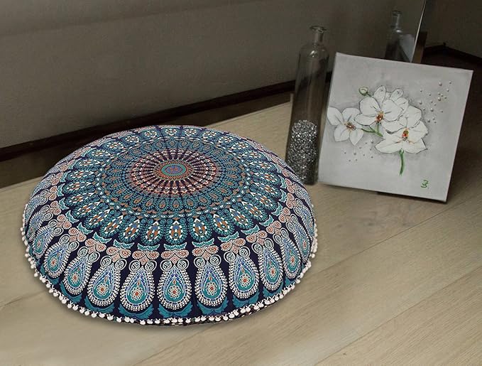32" Blue Mandala Floor Pillow Cushion Seating Throw Cover Hippie Decorative Bohemian Ottoman Poufs, Pom Pom Pillow Cases,Boho Indian