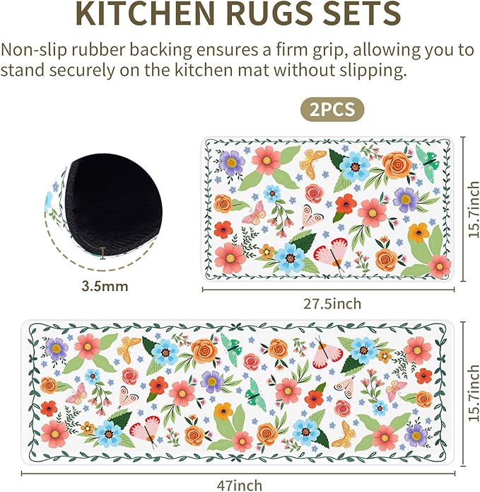Flower Rugs for Kitchen Floor, 2PCS Anti Fatigue Mats for Kitchen Floor Rubber Non Slip, Washable Cushioned Carpet Rug for Sink Laundry Gifts for Christmas 15.7"×27.5" +15.7"×47" 3.5mm Colorful