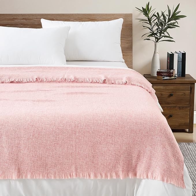 BOURINA Faux Cashmere Fringe Throw Blanket Decorative Lightweight Throw Soft Cozy for Bed or Sofa Outdoor Blanket, 50x70 Inches Pink