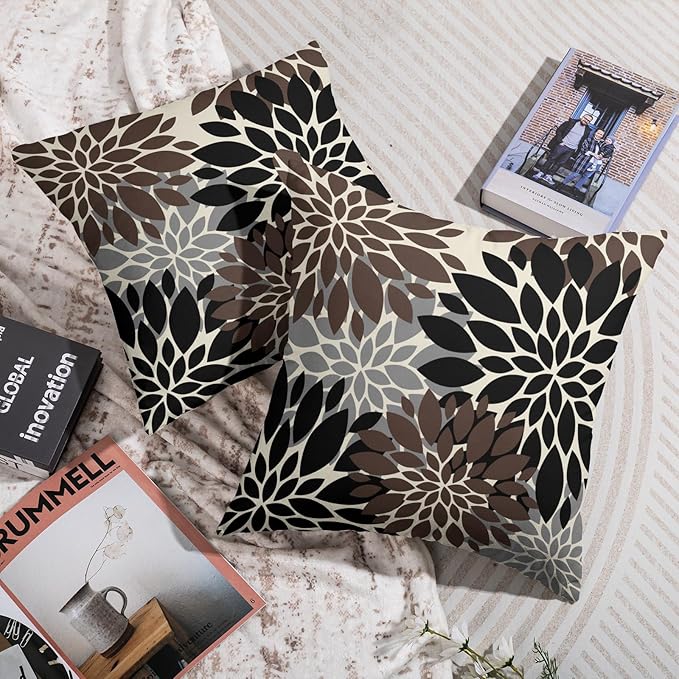 Black Dark Brown Pillow Covers 16X16 Inch Set of 2, Spring Summer Floral Dahlia Flower Cream Decorative Throw Pillow Covers Outdoor Modern Farmhouse Cushion Case for Home Couch Sofa Bed Decor
