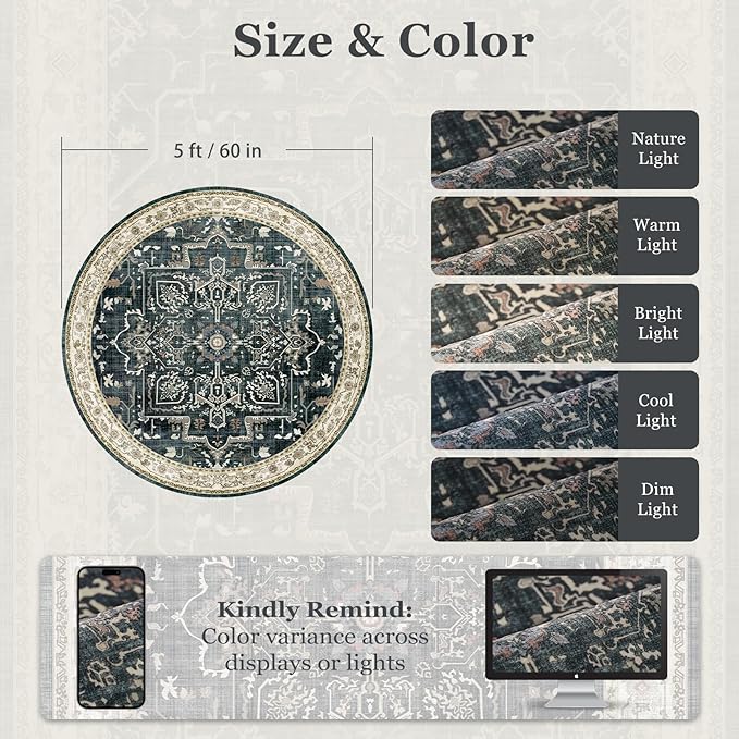 Dark Medallion Round Rugs 5ft, Non Slip Washable Thin Circle Rugs for Kitchen Dining Room, Traditional Medallion Printed Circle Carpet 5 feet for Bedroom Living Room, Midnight/Multi