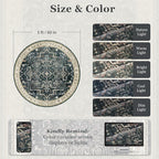 Dark Medallion Round Rugs 5ft, Non Slip Washable Thin Circle Rugs for Kitchen Dining Room, Traditional Medallion Printed Circle Carpet 5 feet for Bedroom Living Room, Midnight/Multi