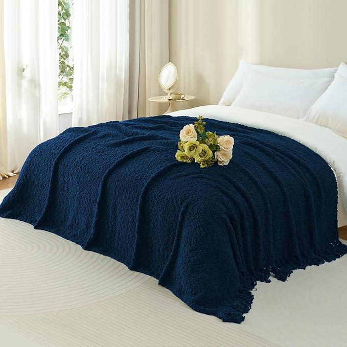 Throw Blanket for Couch, Navy Blue Luxury Knitted Throws 50"x60", Textured Blankets with Handmade Fringe Tassels for Bed Sofa Decorative, Chunky Soft Farmhouse Boho Home Decor
