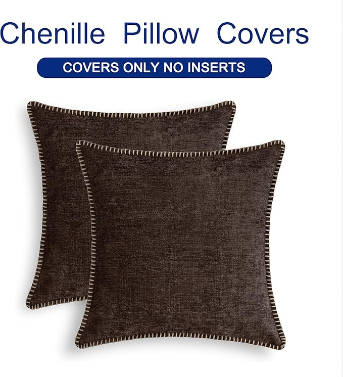 CaliTime Throw Pillow Covers Decorative 18 X 18 Inches Pack of 2 Cotton Thread Stitching Edges Solid Dyed Soft Chenille Cushion Cases for Couch Sofa Bed Living Room Farmhouse Coffee
