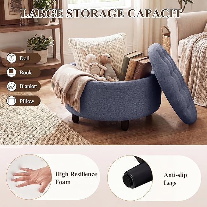 COLAMY Fabric Round Storage Ottoman with Reversible Tray Lid – Multi-Functional Footrest, Hidden Storage, Sturdy & Stylish Small Coffee Table for Living Room, Bedroom, or Entryway(Blue)