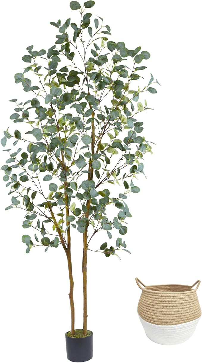 Artificial Eucalyptus Tree, 7ft Tall Silk Leaves Fake Plant with Basket for Outdoor Indoor, 83'' Faux Eucalyptus Trees for Home Office Livingroom Floor Décor