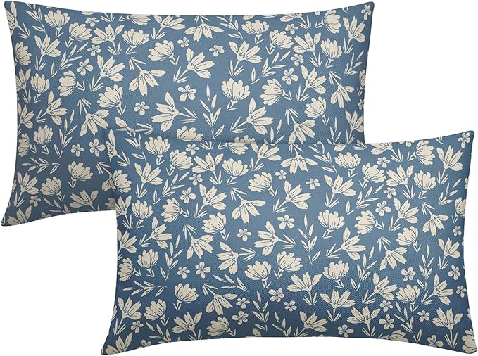 Light Blue Pillow Covers 12x20 Set of 2 Vintage Floral Rustic Old Style Cute Flower Print Rectangle Decorative Outdoor Pillowcases Seasonal Farmhouse Throw Cushion Case Couch Sofa Bed Decor