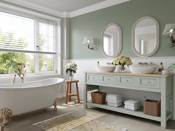 Boho Oval Wall Mirror, 24" x 36" Farmhouse Antique Bathroom Oval Mirrors Over Sink, Wooden Rustic with Beaded for Bedroom, Dining Room, Hallway, Living Room, Vertical or Horizontal Hanging