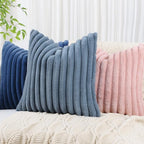 decorUhome Cozy Faux Fur Throw Pillow Covers 12x20 Set of 2 Decorative Soft Plush Striped Lumbar Modern Farmhouse Boho Couch Pillow Cases with Velvet Back for Sofa Bed Living Room, Grey Blue
