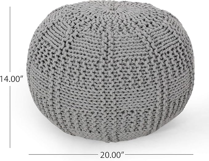 Handcrafted Knitted Cotton Round Pouf - 20x20, Modern Design, Soft and Comfortable, No Assembly, Home Decor, Knit Ottoman, Boho Floor Pouf for Living (Gray)