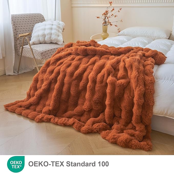 LIFEREVO Fluffy Faux Rabbit Fur Bubble Throw, Plush Shaggy Blanket for Couch Sofa Chair, Soft Cute Furry Bed Blanket Adults Kids Teens Girls, Fuzzy Throw for Bedroom Living Room, 50x60, Burnt Orange