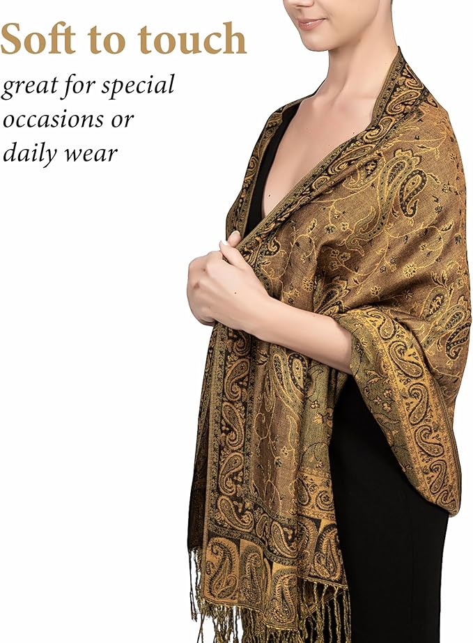 Achillea Reversible Paisley Pashmina Rave Scarf – Exotic Indian Shawls and Wraps for Evening Dresses, Festivals, All Seasons