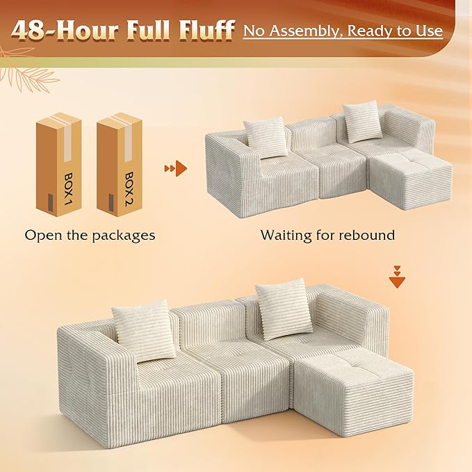 WLIVE 108'' Cloud Sectional Couches for Living Room, Modular Boneless Couch with Left Facing Chaise, L Shape Memory Foam Corduroy, with Ottoman, Beige