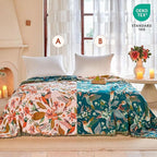 Boho Throw Blanket - 90"x90" 100% Cotton Ultra Soft Lightweight Spring Blanket, 4-Layer Breathable Muslin Blankets for Bed Couch, Reversible Blue Floral Bird Printed Bohemian Cotton Quilt