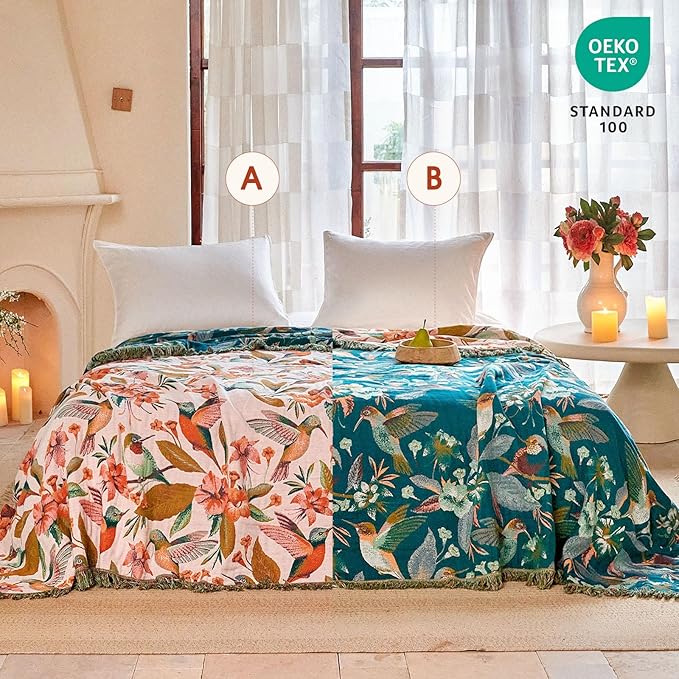 Boho Throw Blanket - 90"x90" 100% Cotton Ultra Soft Lightweight Spring Blanket, 4-Layer Breathable Muslin Blankets for Bed Couch, Reversible Blue Floral Bird Printed Bohemian Cotton Quilt